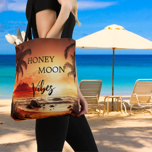 Honeymoon vibes tropical sunset beach moon tote bag