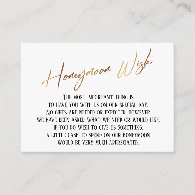 Honeymoon Wish Modern Gold Handwriting Wedding Enclosure Card (Front)