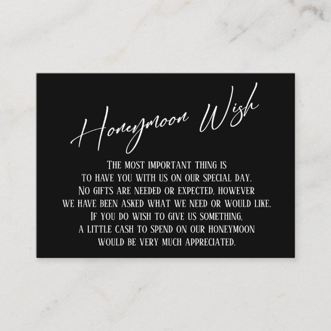 Honeymoon Wish Modern Handwriting Black & White Enclosure Card (Front)