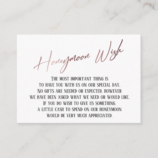Honeymoon Wish Modern Rose Gold Handwriting Enclosure Card (Front)