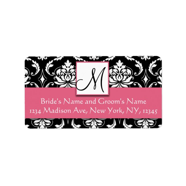 Honeysuckle Pink Damask Monogram Address Labels (Front)