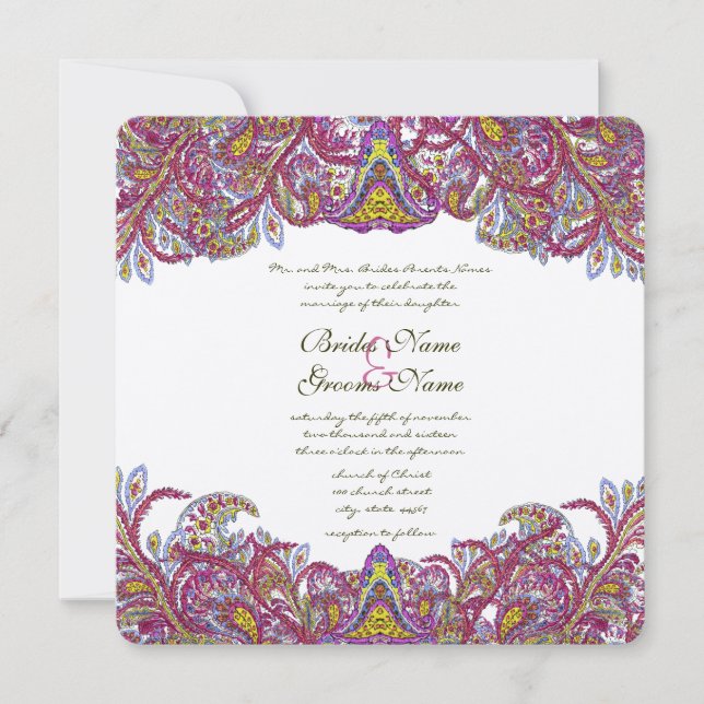 Honeysuckle Pink Peacock Paisley Wedding Invite (Front)