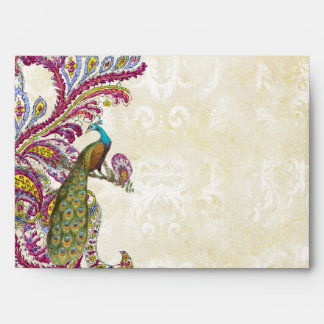 Honeysuckle Pink Vintage Peacock Wedding Envelope