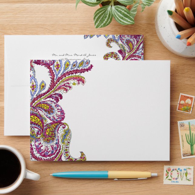 Honeysuckle Pink Vintage Peacock Wedding Envelopes (Desk)