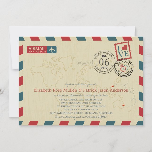 Hong Kong / Australia Antique Airmail | Wedding Invitation (Front)
