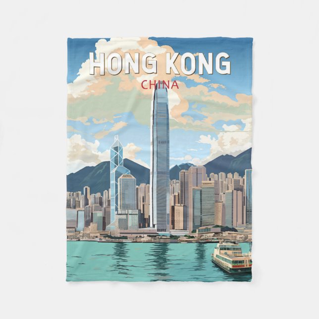 Hong Kong China Travel Art Vintage Fleece Blanket (Front)