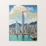 Hong Kong China Travel Art Vintage Jigsaw Puzzle<br><div class="desc">Hong Kong retro vector travel design. A Blend of East and West: Hong Kong boasts a captivating blend of Chinese and Western influences.</div>