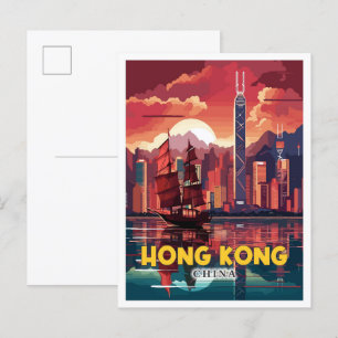 Hong Kong China vintage travel illustration Postcard