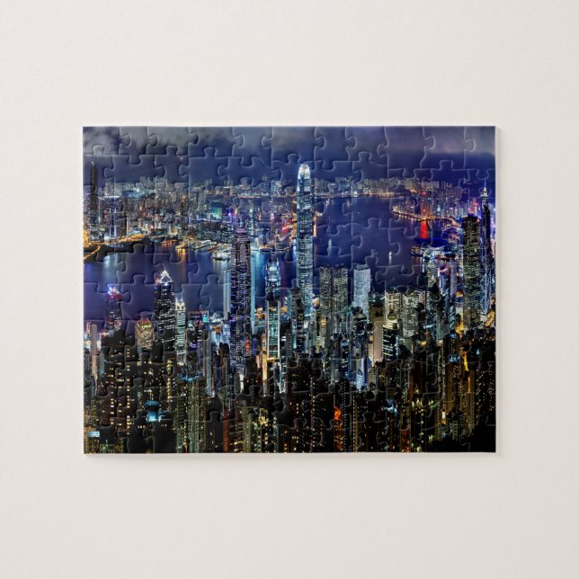 Hong Kong City Skyline Lights at Night Jigsaw Puzzle (Horizontal)