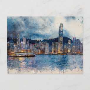 Hong Kong Cityscape - Watercolor Splash Painting Postcard