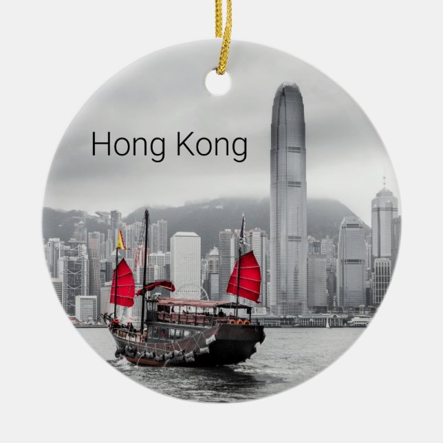 Hong Kong Island Skyline Vintage Panorama Souvenir Ceramic Tree Decoration (Front)