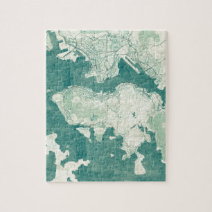 Hong Kong Map Blue Vintage Watercolor Jigsaw Puzzle
