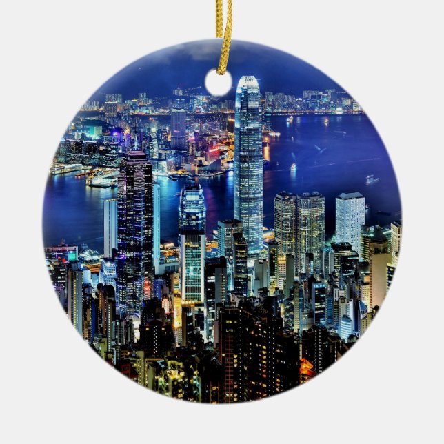 Hong Kong night skyline Ceramic Tree Decoration (Front)
