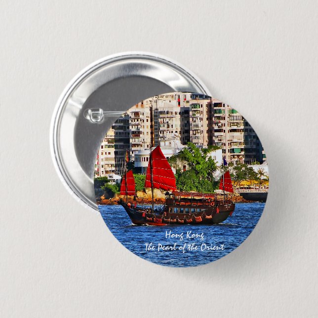 Hong Kong Sampan The Pearl of the Orient 6 Cm Round Badge (Front & Back)