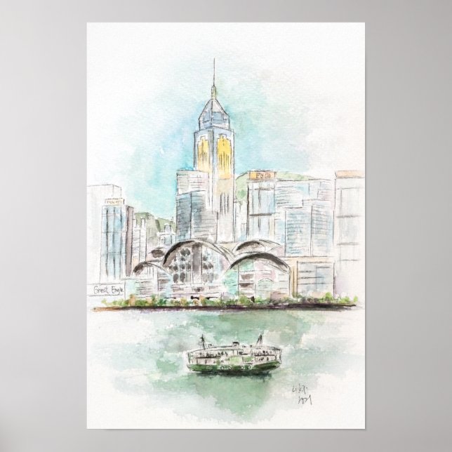 Hong Kong Victoria Harbour 1 ink and watercolour  Poster (Front)