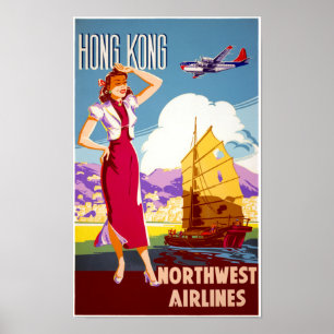 Hong Kong Vintage Travel Poster Restored