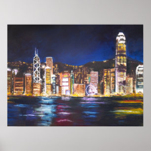 Hong Kong Vitoria Harbour night view oil painting Poster