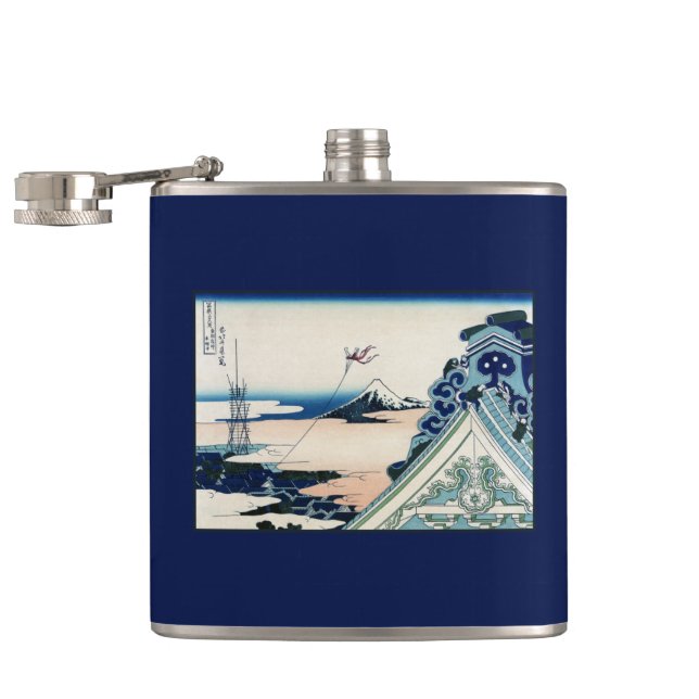 Honganji Temple Vista of Mt. Fuji Japanese Woodcut Hip Flask (Opened)