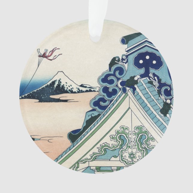 Honganji Temple Vista of Mt. Fuji Japanese Woodcut Ornament (Front)
