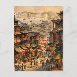 Hongkong China Street Vintage Painting Postcard
