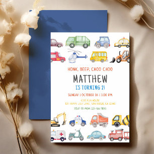 Honk Beep Choo Choo Train Truck Cars Birthday Invitation