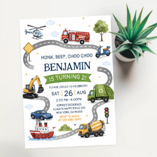 Honk Beep Choo Choo Truck Cars Birthday Invitation