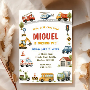 Honk Beep Choo Choo Truck Cars Birthday Invitation