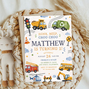 Honk Beep Choo Choo Truck Cars Birthday Invitation