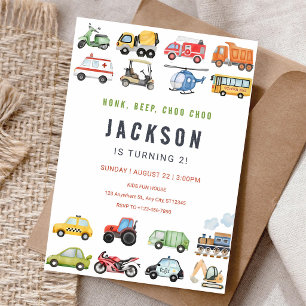 Honk Beep Choo Choo Trucks Cars Birthday Invitation