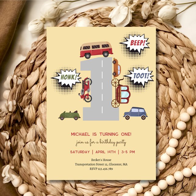 Honk beep toot retro vehicles first boy birthday invitation (Creator Uploaded)