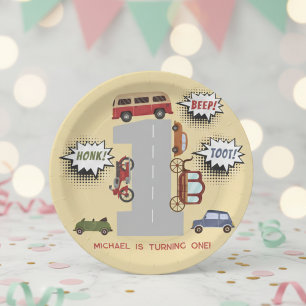 Honk beep toot retro vehicles first boy birthday paper plate