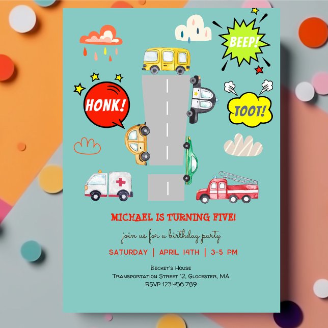 Honk beep toot vehicles boy birthday invitation (Creator Uploaded)