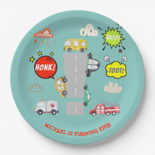 Honk beep toot vehicles boy birthday paper plate