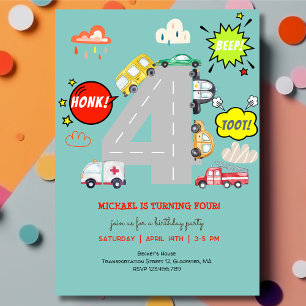 Honk beep toot vehicles forth boy birthday invitation