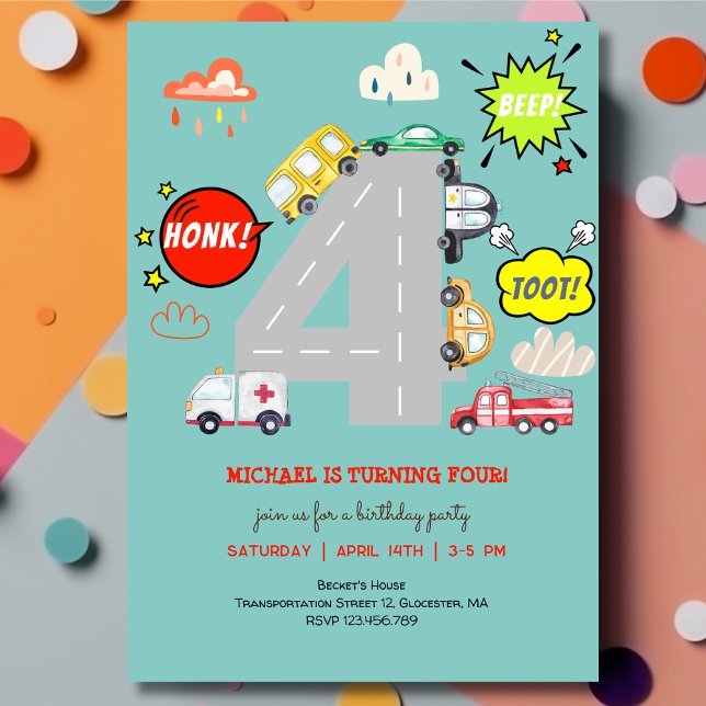 Honk beep toot vehicles forth boy birthday invitation (Creator Uploaded)