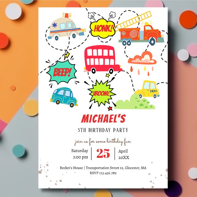 Honk beep vroom happy vehicles boy birthday invitation (Creator Uploaded)