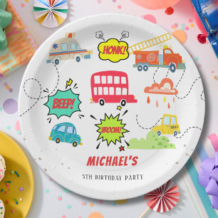 Honk beep vroom happy vehicles boy birthday paper plate