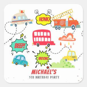 Honk beep vroom happy vehicles boy birthday square sticker