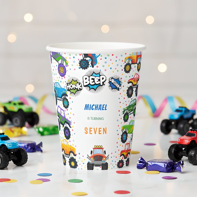 Honk beep vroom monster trucks birthday paper cups (Creator Uploaded)