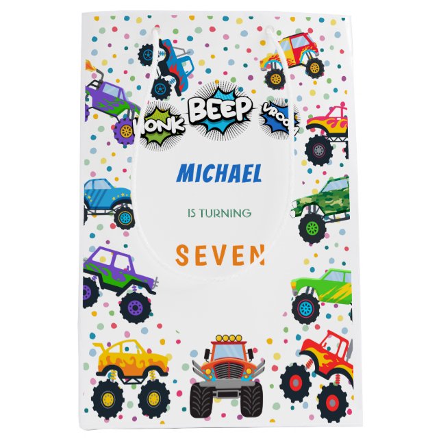 Honk beep vroom monster trucks boy birthday bowl medium gift bag (Front)