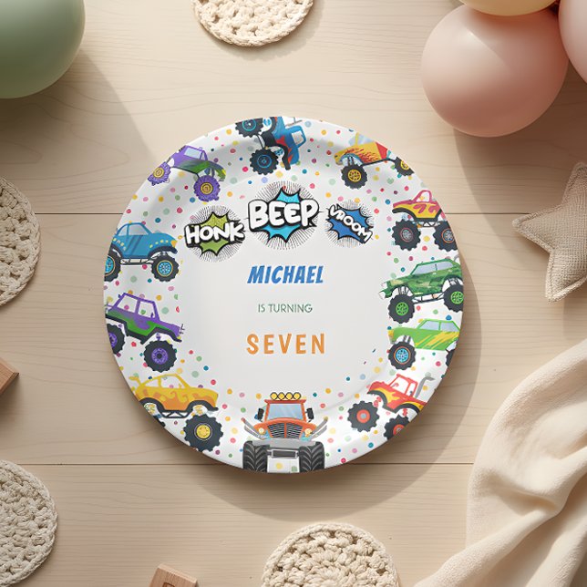 Honk beep vroom monster trucks boy birthday paper plate (Creator Uploaded)