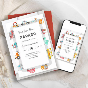 Honk Beep Vroom Transportation Birthday Invitation
