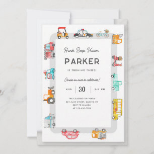 Honk Beep Vroom Transportation Birthday Invitation