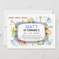 Honk Beep Zoom Transport Birthday Party Invitation