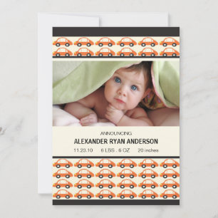 Honk! Orange Cars Baby Boy Birth Annoucement Announcement