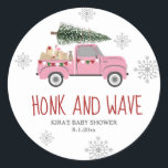 Honk & Wave Christmas Baby Shower  Classic Round Sticker<br><div class="desc">Drive thru quarantine social distancing honk and wave Christmas themed girl baby shower with illustration of pink truck decorated with bunting and filled with gifts.</div>