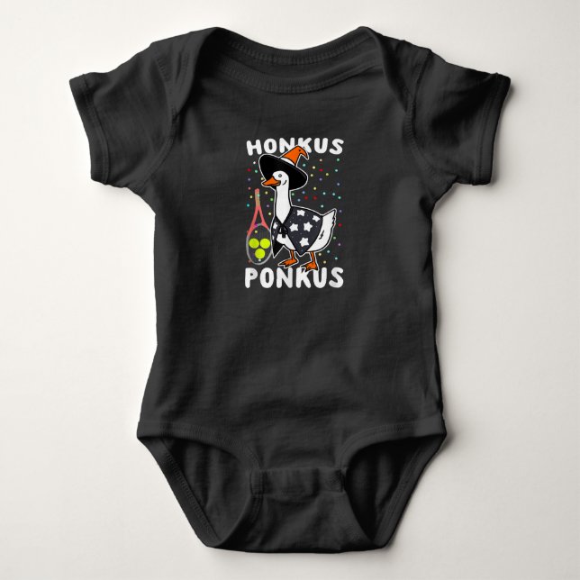 Honkus Ponkus Funny Goose Halloween Costume Tennis Baby Bodysuit (Front)