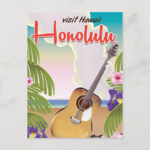 Honolulu acoustic guitar vintage travel poster. postcard