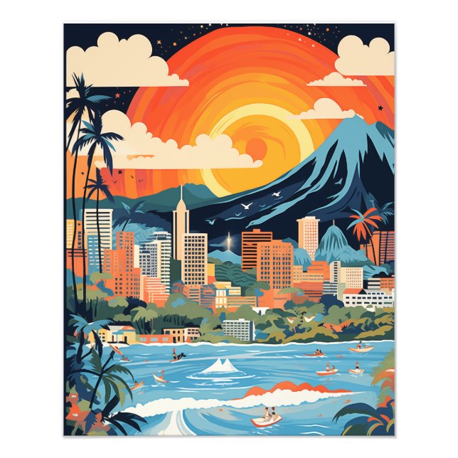 Honolulu Beach Poster Bright Colours AI Generated (Front)