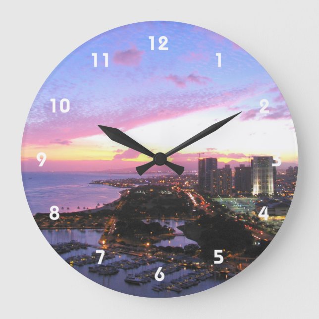 Honolulu cityscape Hawaii sunset Large Clock (Front)